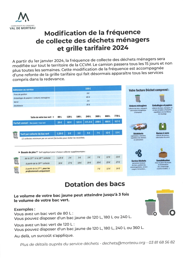 Modification de la fréquence de collecte des déchets Ménagers et la grille tarifaire 2024